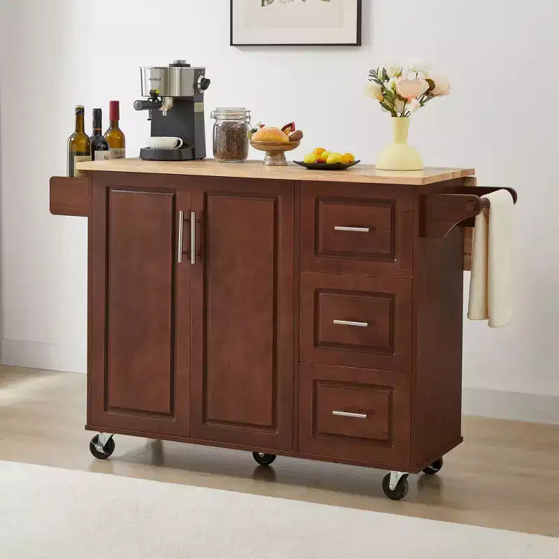 TUYOHW 53.78Inch Rolling Kitchen Island with Drop Leaf,Kitchen Cart with 2 Door Cabinet and 3 Drawers