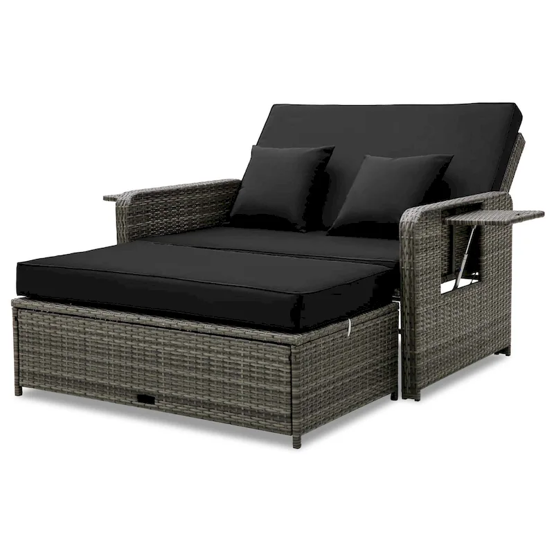 Patio Wicker Daybed Set Reclining Loveseat Sofa w/ Ottoman Side Tray