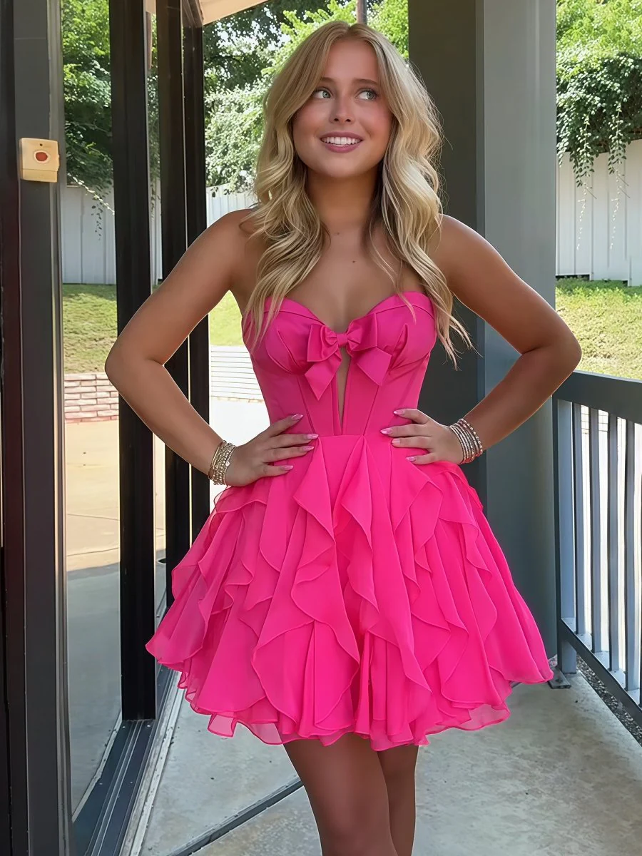 Fuchsia - Strapless A Line Chiffon Ruffled Homecoming Dress With Bow
