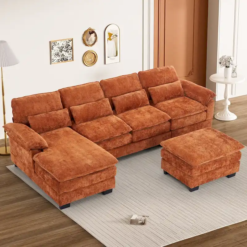 Soft Chenille Fabric U-Shaped Sectional Sofa with Double Layer Cushion