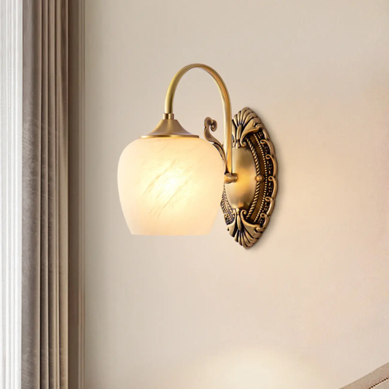 Vintage Brass Gooseneck Glass Shade Wall Sconce