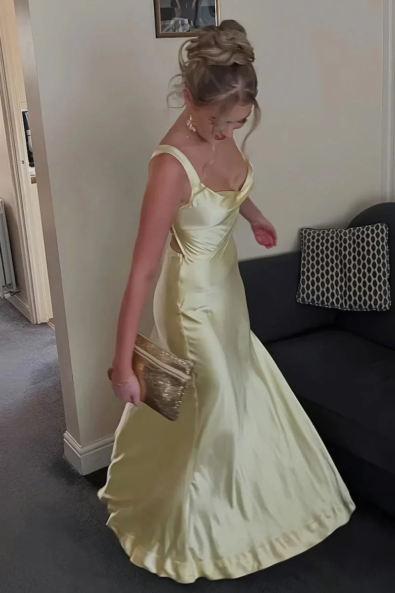 Red A-Line Square Neck Satin Long Prom Dresses with Slit