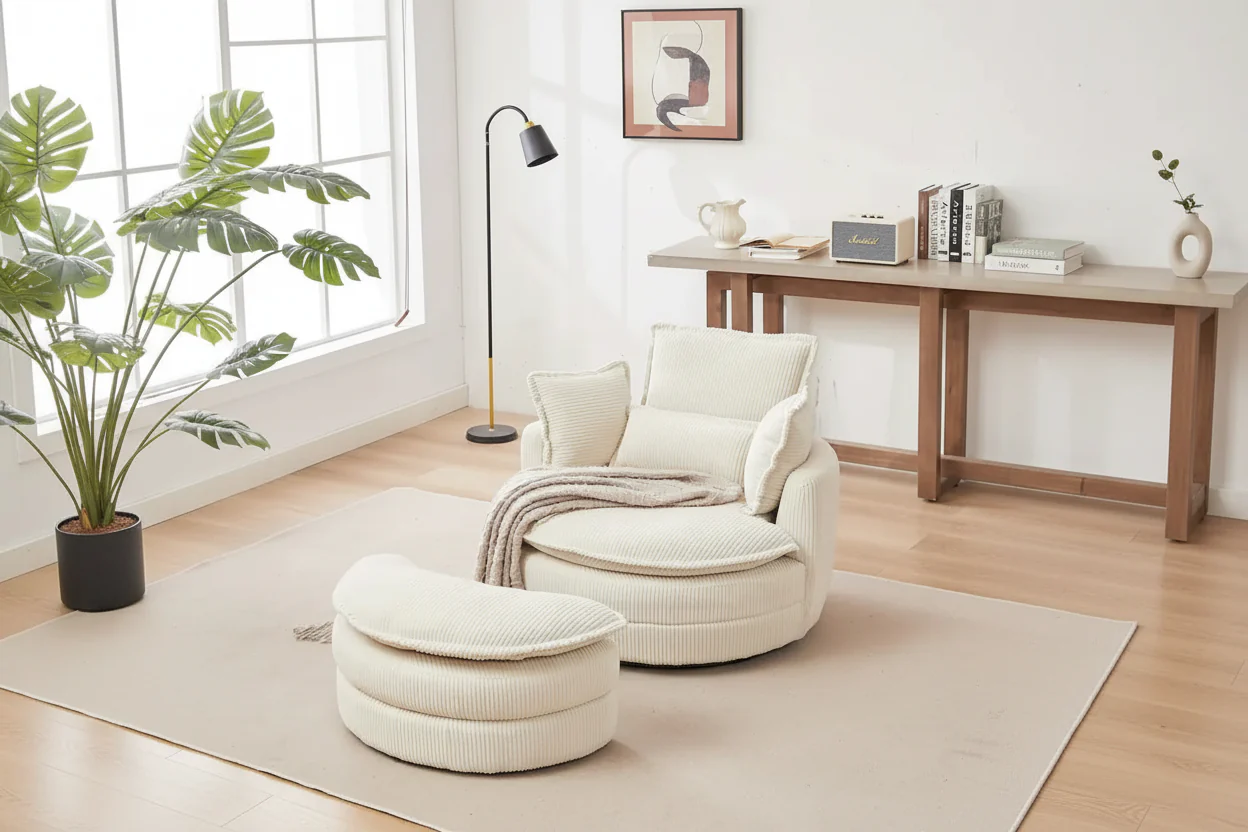 Beige Swivel Barrel Chair with Storage Ottoman, 1-Seat