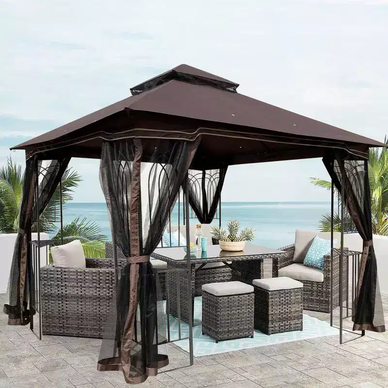 Clihome 10x10 FT Outdoor Patio Gazebo Canopy Tent with Double Vented Roof & Mosquito net, Brown