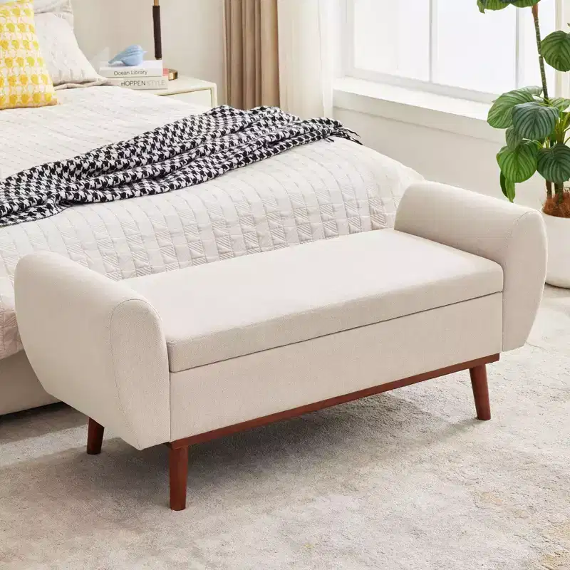 Hyleory Linen Upholstered Storage Bench with Solid Wood Legs for Bedroom Living Room or Entryway