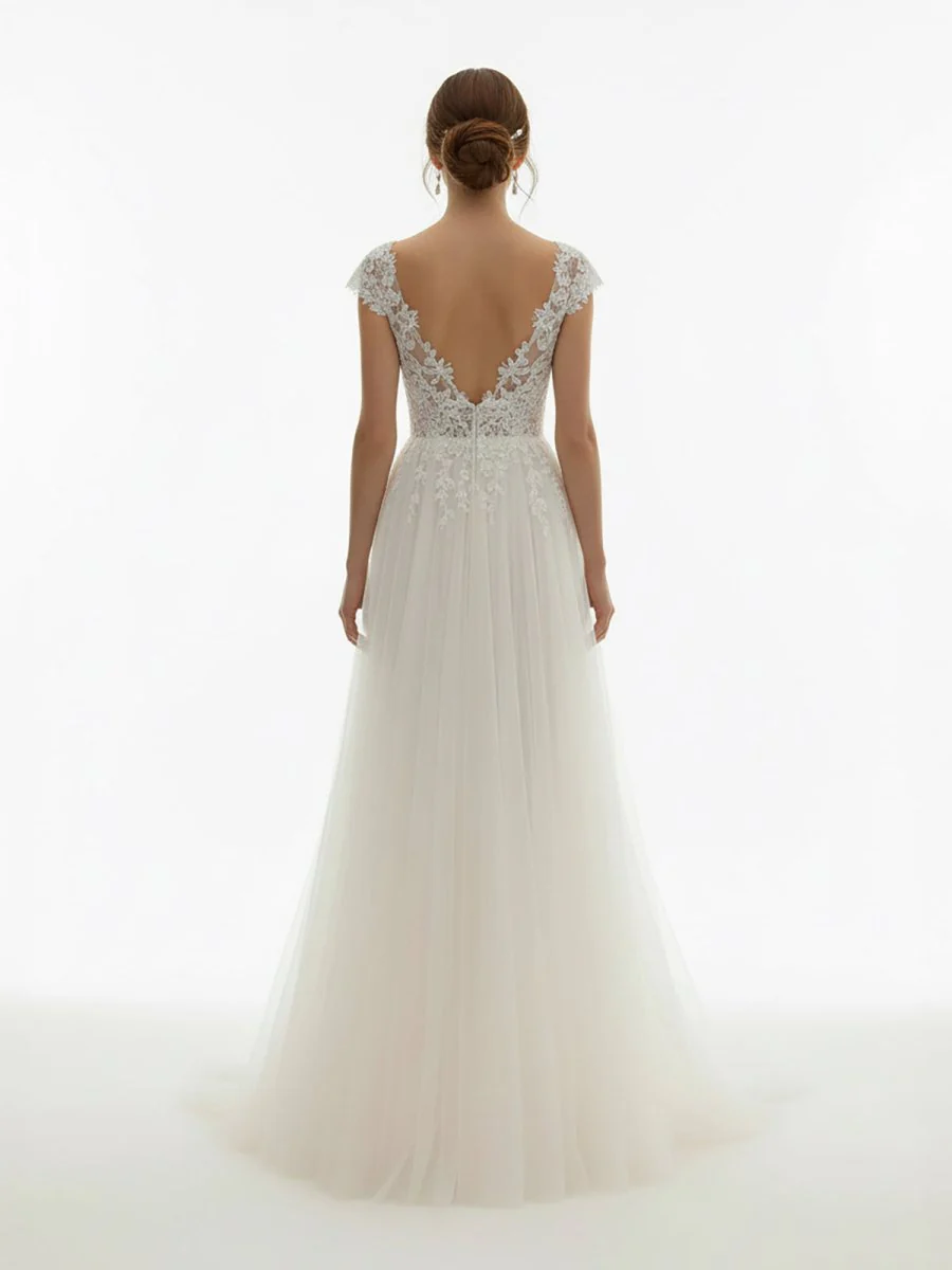 Sexy A Line Plunging Neckline Tulle Sweep Train Wedding Dress with Appliques