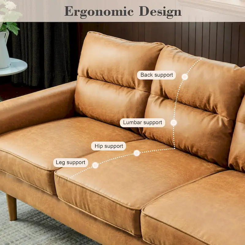 Brown Faux Leather 3-Seater Sofa with Wood Legs