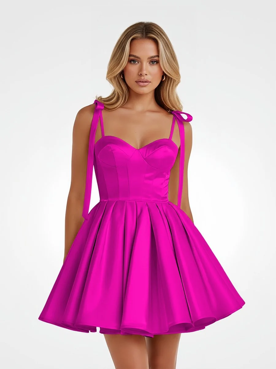 Fuchsia - Spaghetti Straps Satin Pleated A Line Homecoming Dresses With Bow