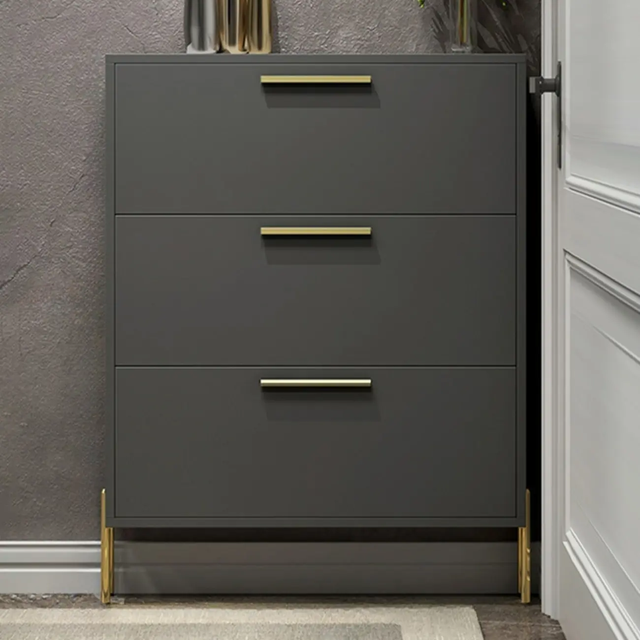3-Tier Narrow Dark Gray Drop-Front Wood Shoe Cabinet