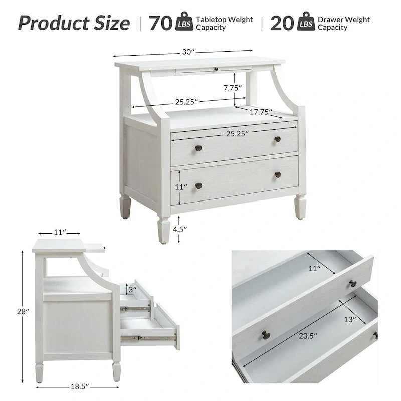 2 - Drawer Nightstand with Built-In Outlets and Pull-out Tray