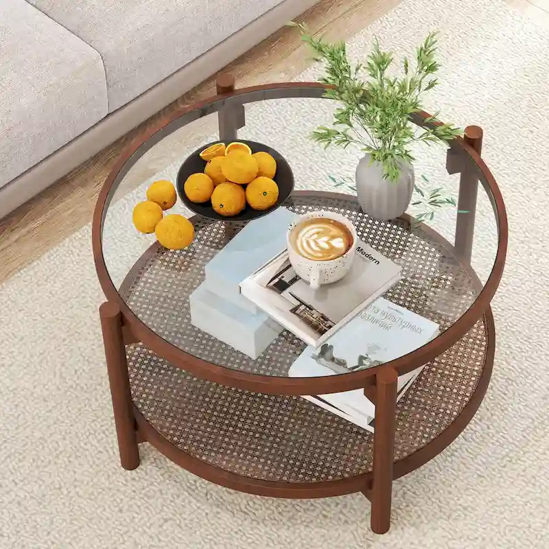 Costway Wooden 31 Round Coffee Table with Tempered Glass Top Handmade - Cherry+Transparent - See Details