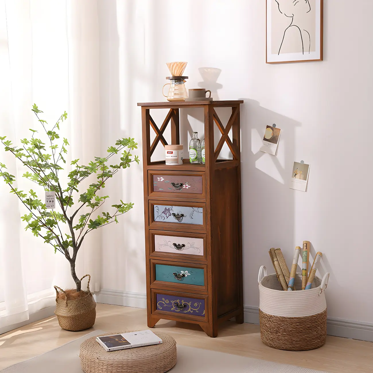 Industrial Rectangular Brown Wooden Drawer Cabinet