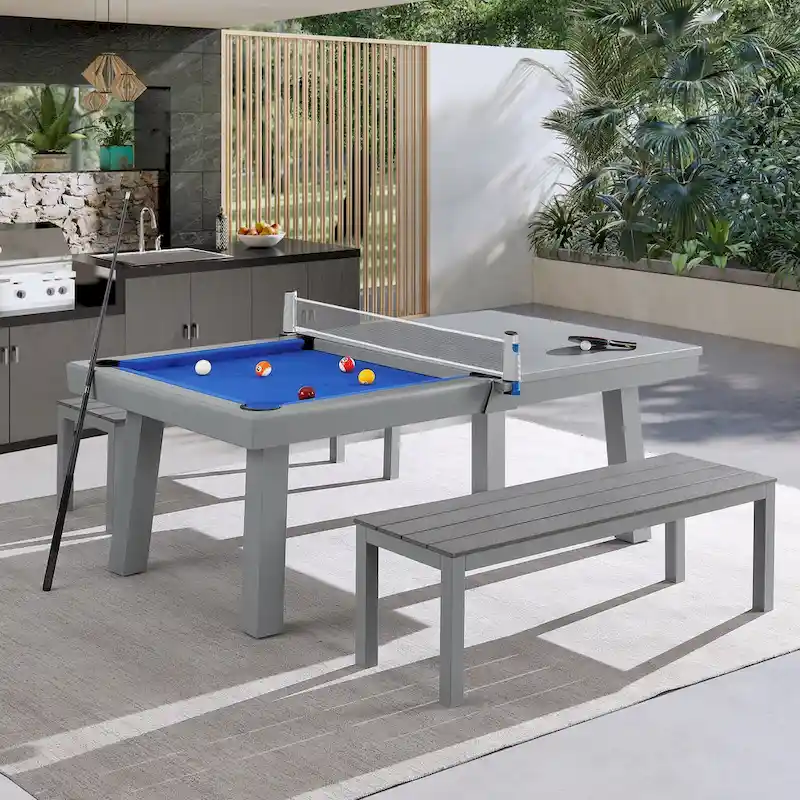 Indoor/Outdoor 7ft Slate Pool Table Dining Set with 2 Benches & Accessories, Cement Finish