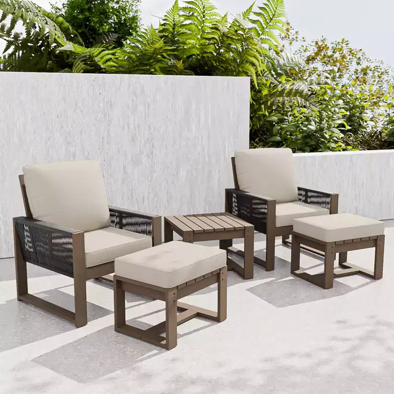 EAGLE PEAK 5 Pieces Natural Cedar Wood Bistro Set, Outdoor Patio Furniture, Small Balcony Conversation Set with Ottomans and Coffee Table