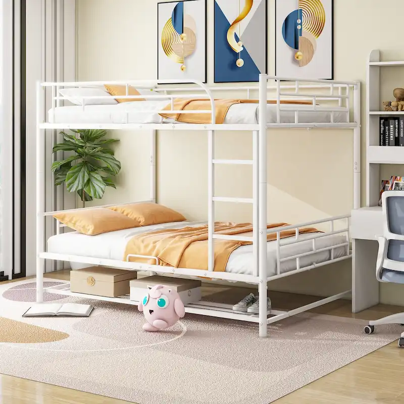 White Full over Full Metal Bunk Bed with Shelf & Guardrails, Sleeps 2