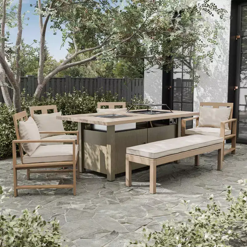 Greemotion 6pc Bordeaux Outdoor Patio Firepit Dining Set with Cooler Insert Brown