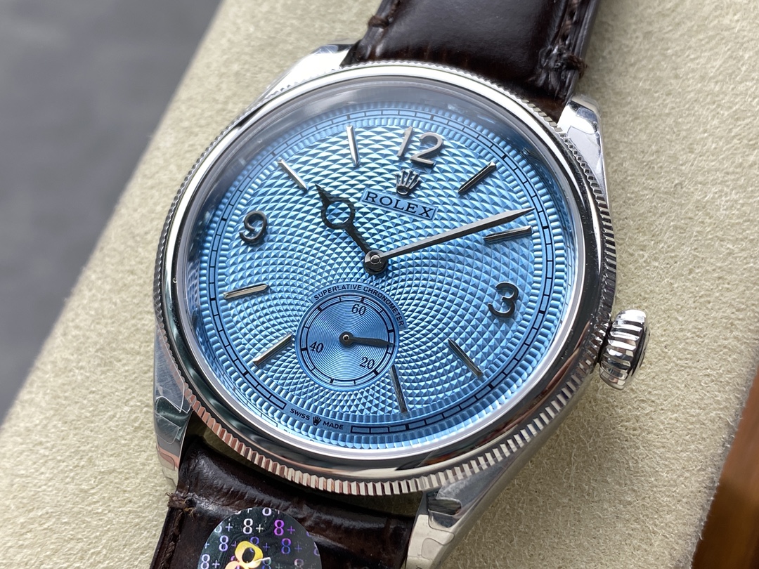 replica rolex blue guilloche dial macro close-up