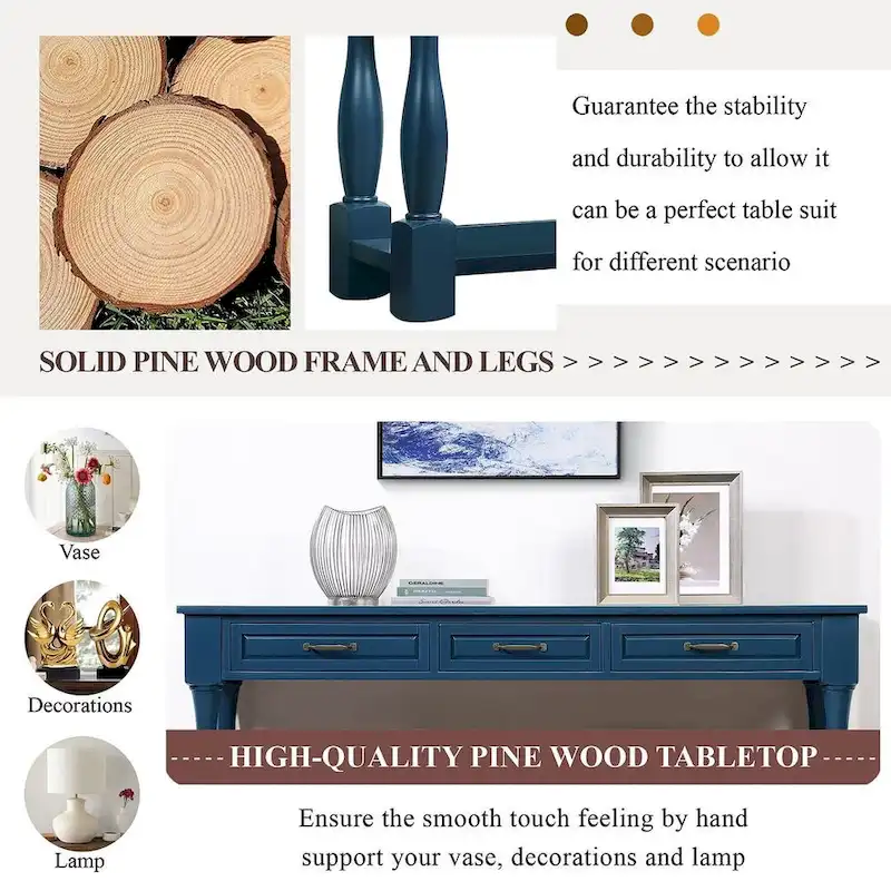 Solid Wood Console Table - Antique White/Blue/Navy/Espresso/Brown, Mid-Century Style, Multi-User