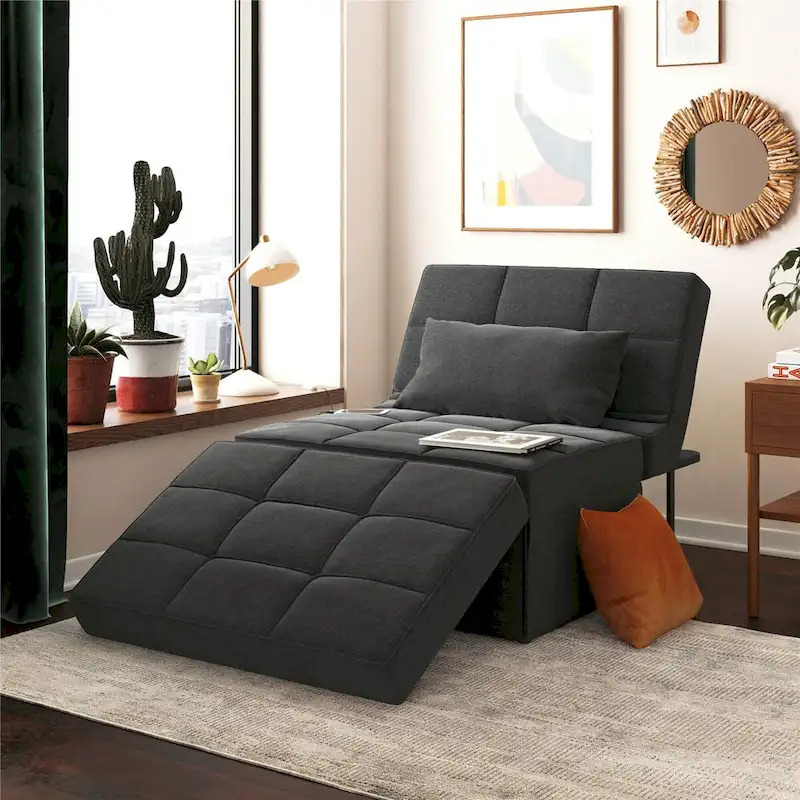 4-in-1 Convertible Chair, Sofa / Lounger / Ottoman / Bed, Linen Fabric, Metal Frame, Gray Linen / Blue Linen, 1 Person
