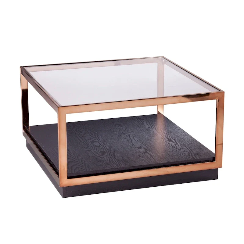 SEI Furniture Luna Transitional Square Metallic Coffee Table with Glass Top and Wood Base Shelf