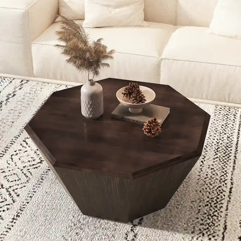 31.5 Octagonal Rubber Wood Coffee Table for Living Room, Bedroom