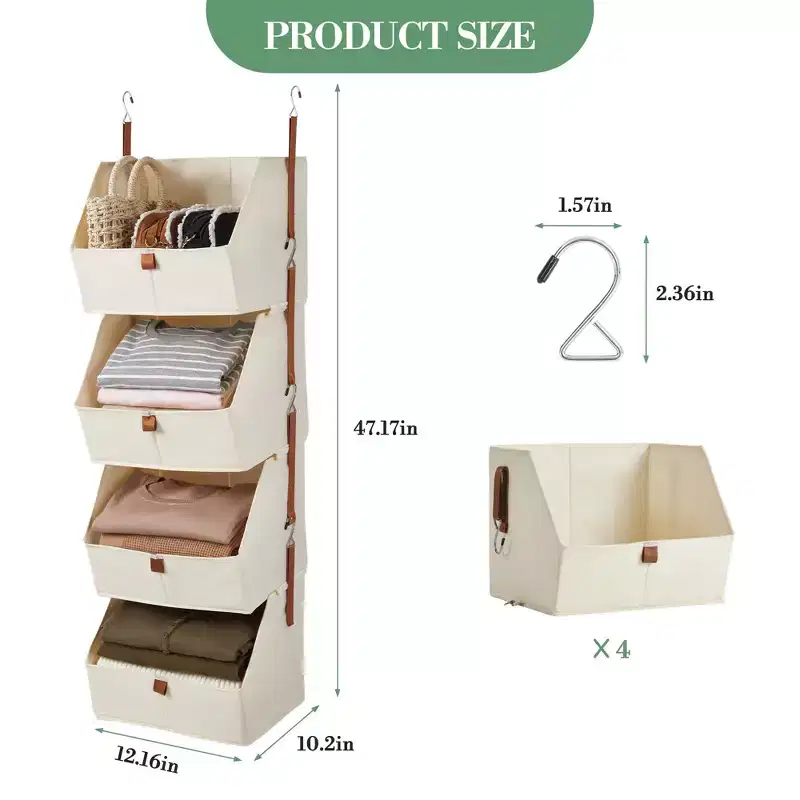 2 Pack 4 Tier Hanging Closet Organizer, Non-Woven Fabric Storage Shelves with Collapsible Baskets, Space-Saving Hanging Organizer for Bedroom,Dorm,RV