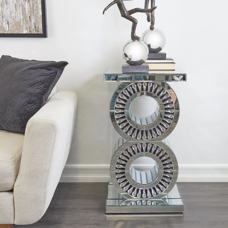 Round Mirrored Side Table with Stacked Circle Base, Silver, 15.7