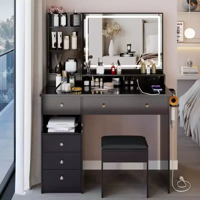 Okak 41 Makeup Desk with Cushioned Stool, Vanity Table with 2 AC+2 USB Power Station & Hair Dryer Stand, Vanity Desk with Mirror for Home