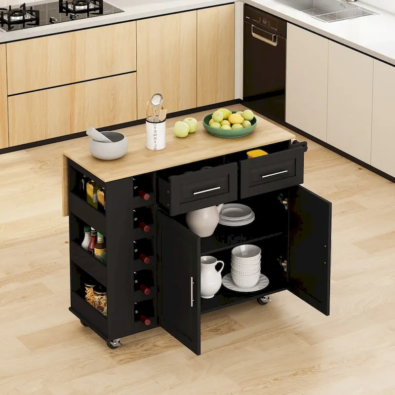 Multi-Functional Kitchen Island Cart with Spice Rack, Towel Holder, Wine Rack, and Foldable Rubberwood Table Top