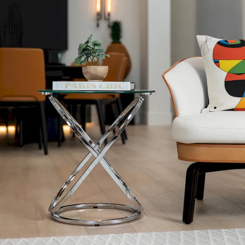 Round Tempered Glass End Table – Chrome/Black, Clear Top, 1-Person Use