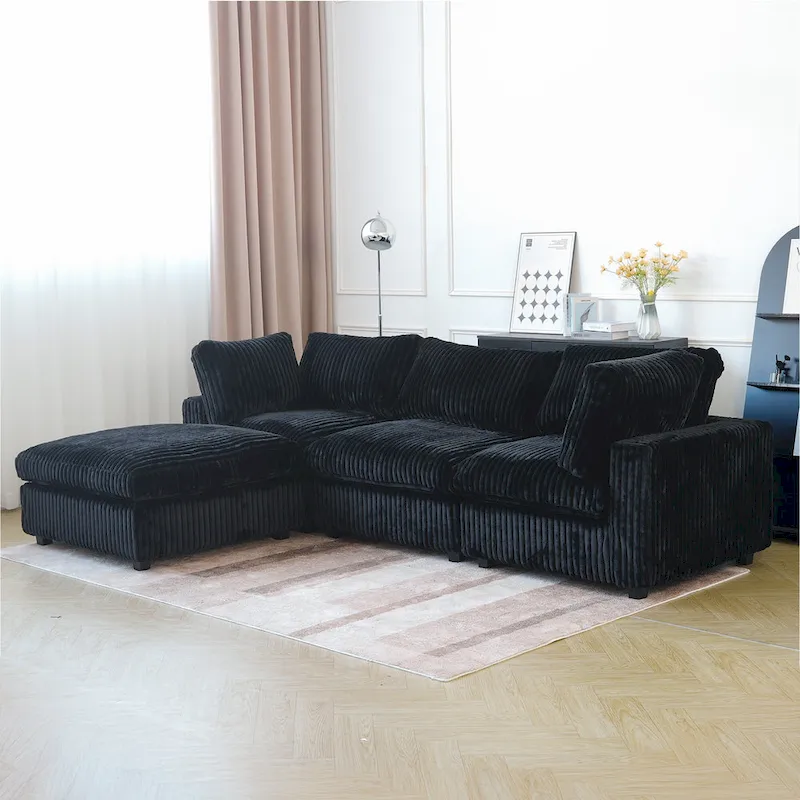 L-shaped Polyester Fabric Couch Modern Sectional Sofa with Ottoman