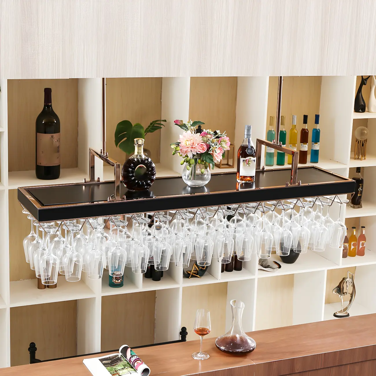 Elegant Black Hanging Wine Rack with Glass Holder