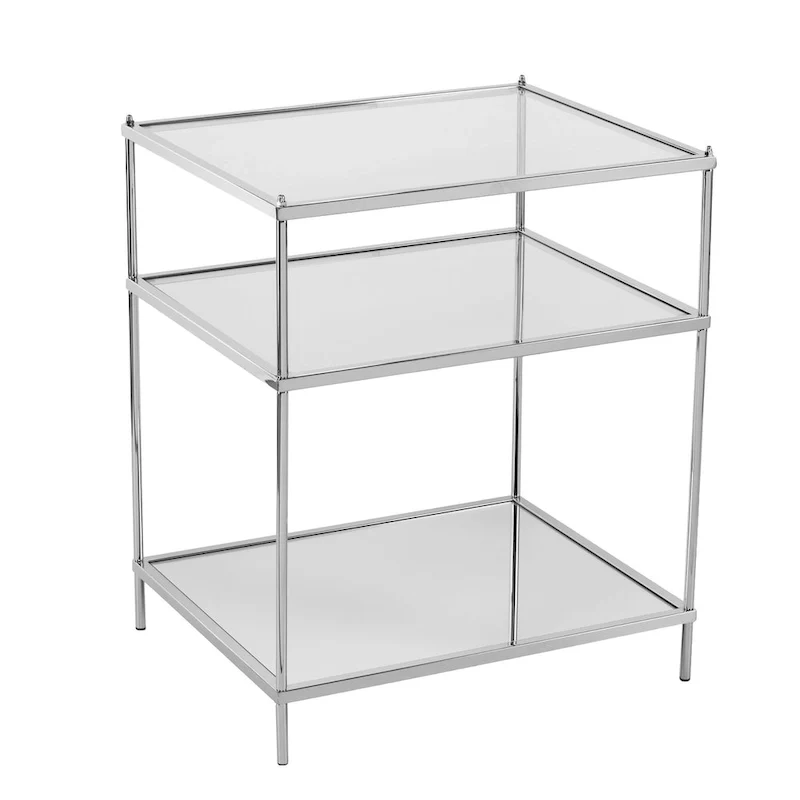 Silver Mirrored Glass & Iron End Table with Shelf, 1-Person