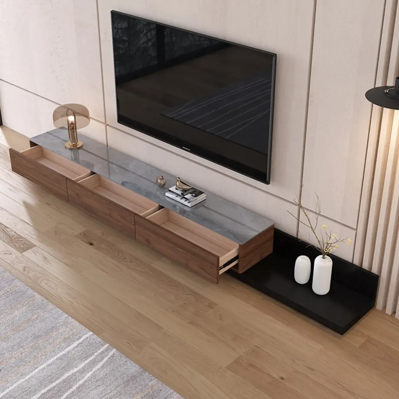 71 Walnut-Black Modern Stone TV Console with Drawers