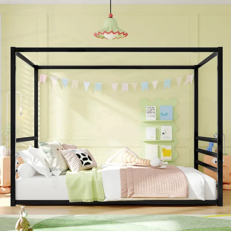 Modern Iron Double-Size Floor Bed with Multi-Functional Guardrails and Stable Structure