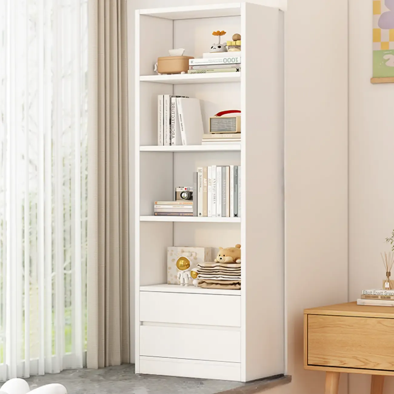 Simple Wooden White 3-Tier Bookcase with Drawers