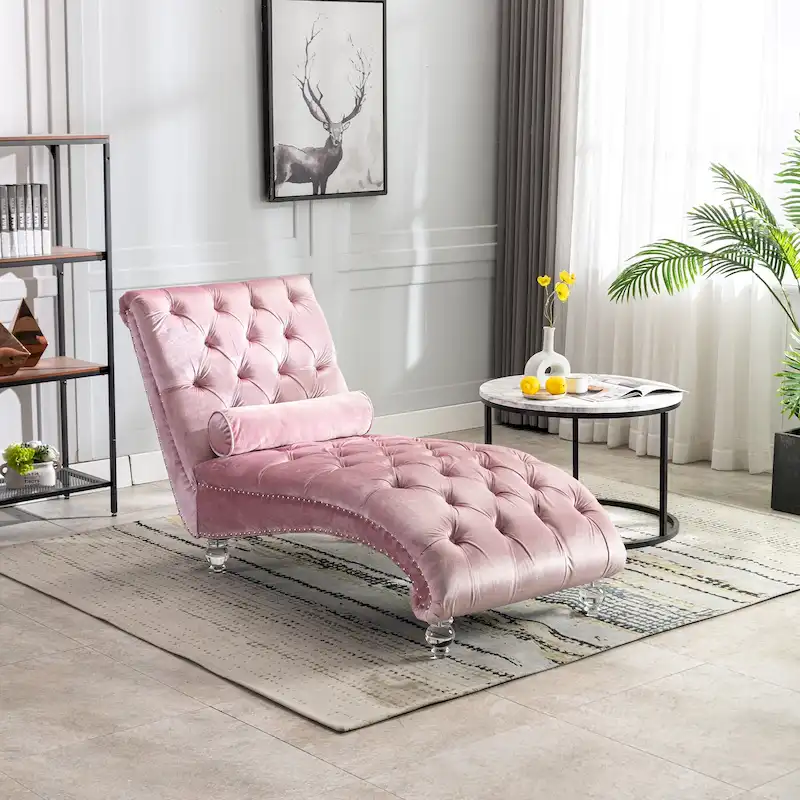 Velvet Tufted Chaise Lounge Chair Ergonomic S Shape Recliner with Pillow, Nailhead Trim and Acrylic Legs for Indoor Use