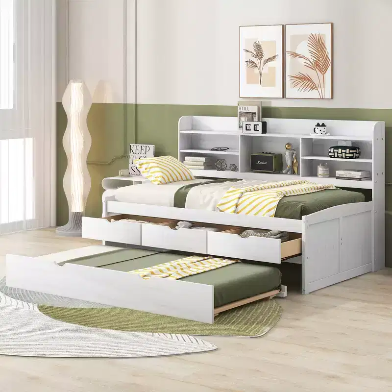 Twin/Full Size Wooden Captain Bed with Built-in Bookshelves,Three Storage Drawers and Trundle - ModernLuxe