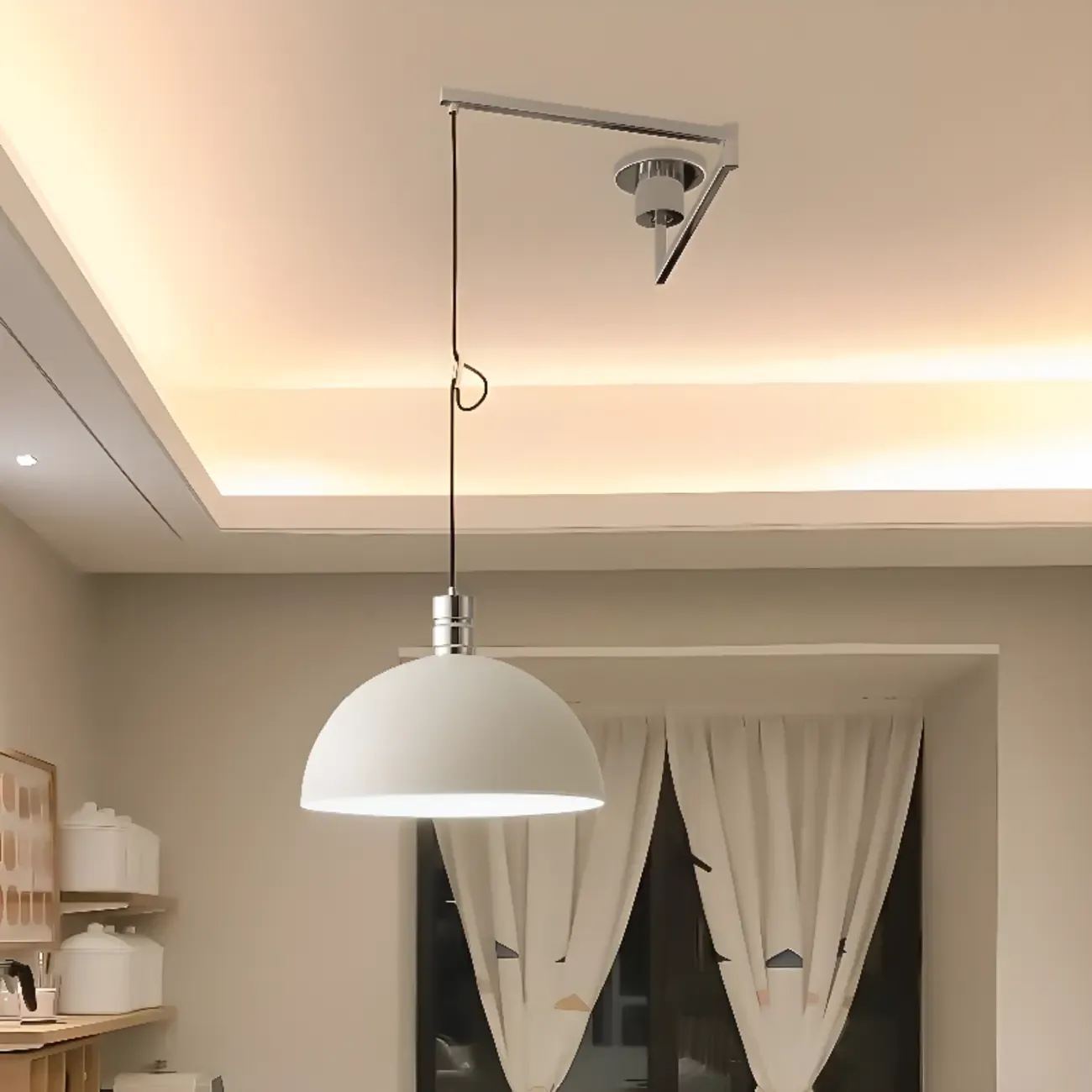 Minimalist White Half Bowl Pendant Lamp and Adjustable Metal Cord