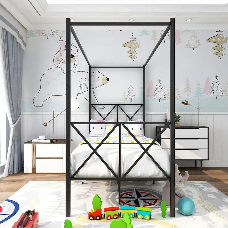 Black Metal Canopy Bed Frame, X-Shaped Headboard, Twin/Full/Queen, 1-2 Person