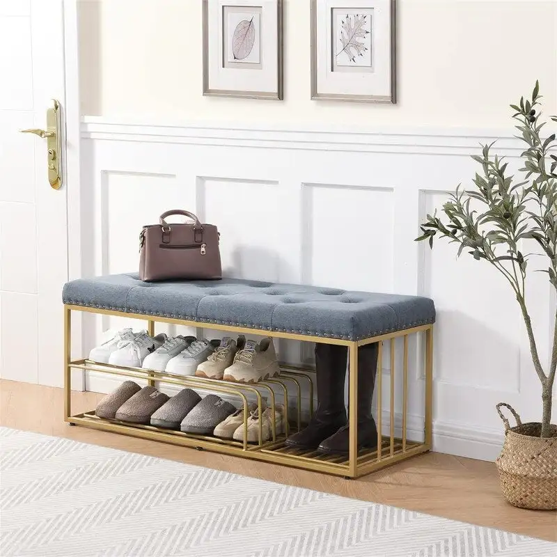 Blue / Grey / Beige Tufted Linen Storage Bench – Seats 2