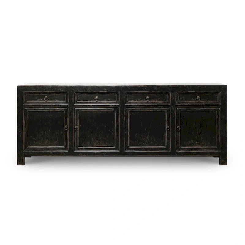 Four Drawer Distressed Black Sideboard 93x18x35 Inches Vintage Rustic Farmhouse Storage Cabinet