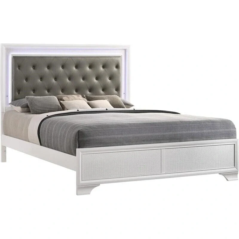 LED Light Faux Leather Upholstered Wooden Bed Chest Nightstand 3pc Set