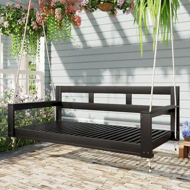 Twin Size Wooden Porch Swing Daybed - Outdoor Hanging Rope Swing with 600lb Weight Capacity for Patio, Garden, Backyard