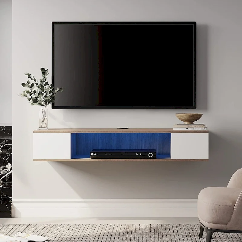 Floating TV Stand Wall Mounted Entertainment Center Me Console Wood Wall TV Shelf, Gray &Creamy White