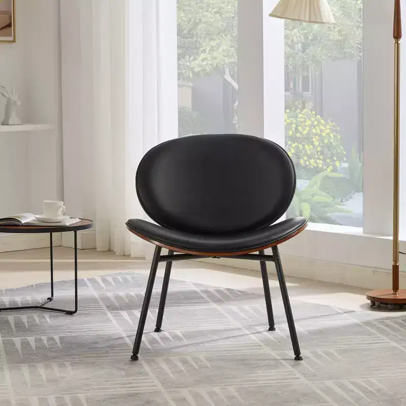 Okak Mid-Century Modern Shell Chair,Armless Accent Chair with Black PU Leather and Walnut Finish for Living Room,Office