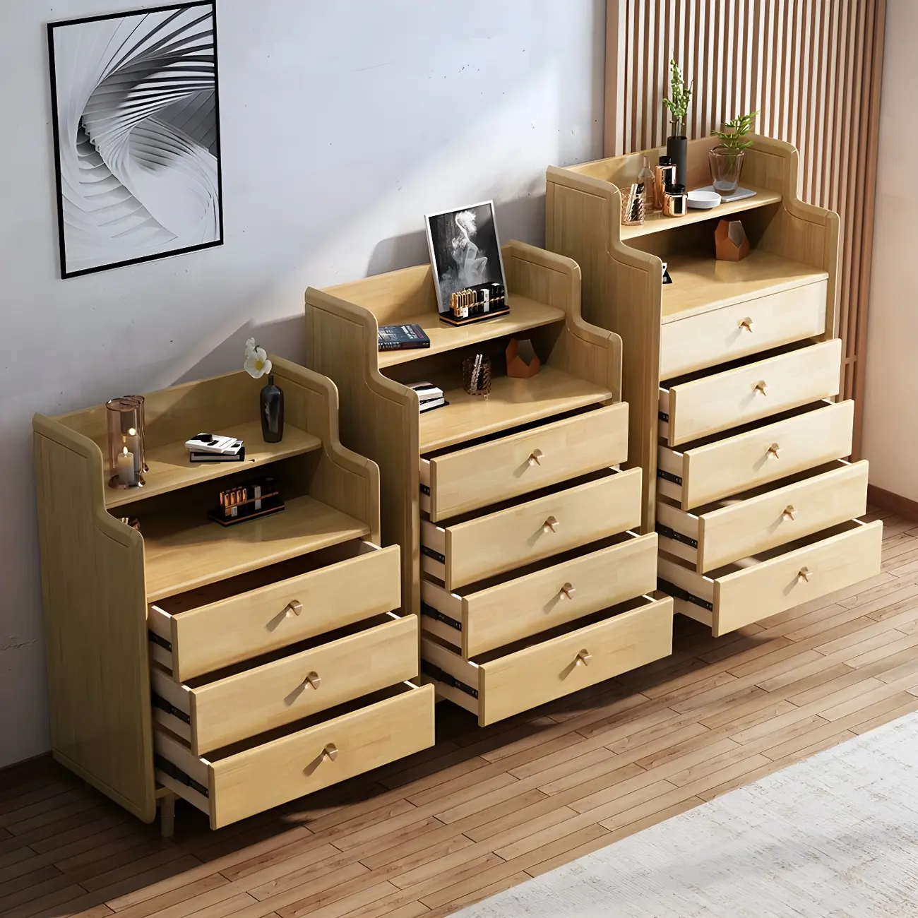 Brown Wood Rattan Front Accent Chest with Multi-Drawer