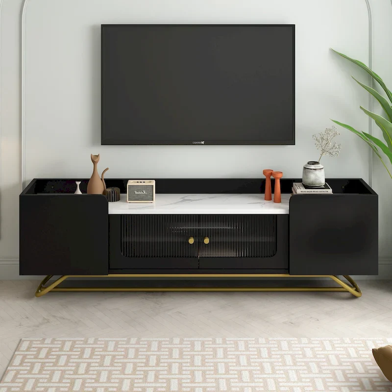 Black / White / Grey TV Console Table – Gold Frame, Fluted Glass Doors, 1-Person Assembly