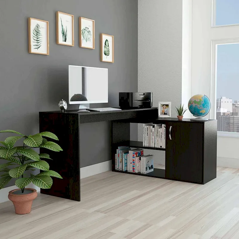 L-Shaped Home Office Desk with Two Shelves and Single Door Cabinet