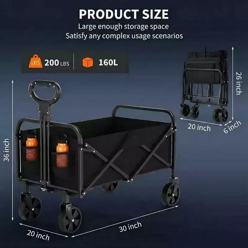 Acekool Collapsible Utility Wagon with 360 Rotating Wheels, 220lbs Load, Adjustable Handle, Beach, Camping, Garden, 73x46.5x89.5cm, Black
